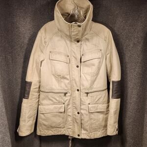 BNCI Tan Brown Canvas Utility Jacket Faux Leather Neutral Pockets Womens Large L